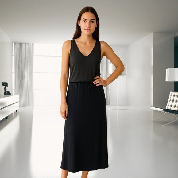 Monrow Grey and Blue Maxi Dress – V-Neck, Side Slit, Elastic Waist, Size Medium - Picture 1 of 10